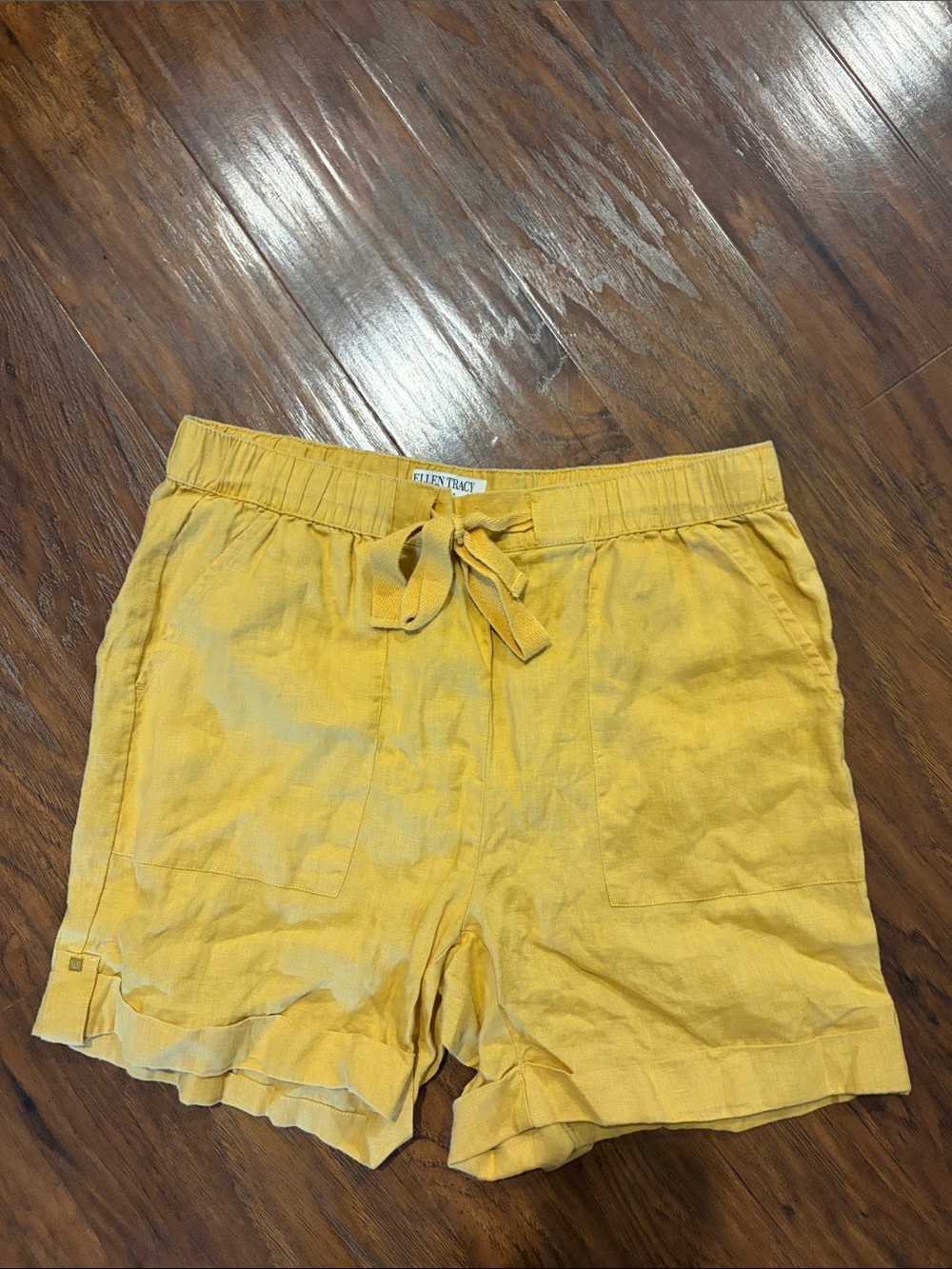 Ellen Tracy Mustard Yellow High-Waist Tie-Front Linen Shorts Small
